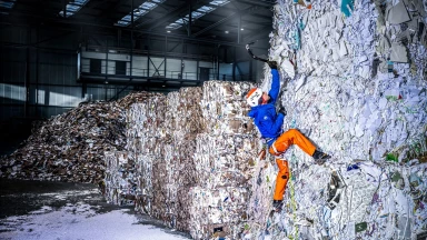 Swiss alpinist Jonas Schild climbs towering “mountains” of wastepaper